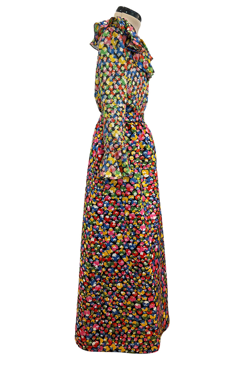 Numbered 1970s Christian Dior by Marc Bohan Demi-Couture Metallic Multi Color Silk Set