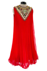 Prettiest Unlabeled 1960s Red Pleated Chiffon Dress w Densely Beaded & Sequin Bib Collar