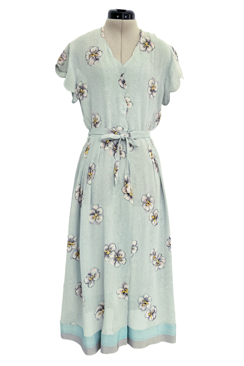 Prettiest 1930s Unlabeled Blue Handpainted Floral Dress Made of Unusual Woven Fabric