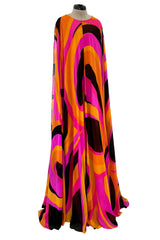 Spectacular c.1972 La Mendola Brilliant Pink, Orange, Tangerine & Black Silk Chiffon Caftan w Floor Length Cape Sleeves Sleeves