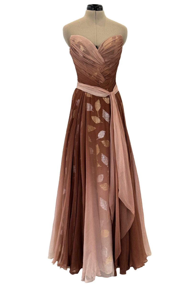 Prettiest Fall 1989 Bob Mackie Runway Silk Chiffon w Metallic Leaf Print Underlay Strapless Dress