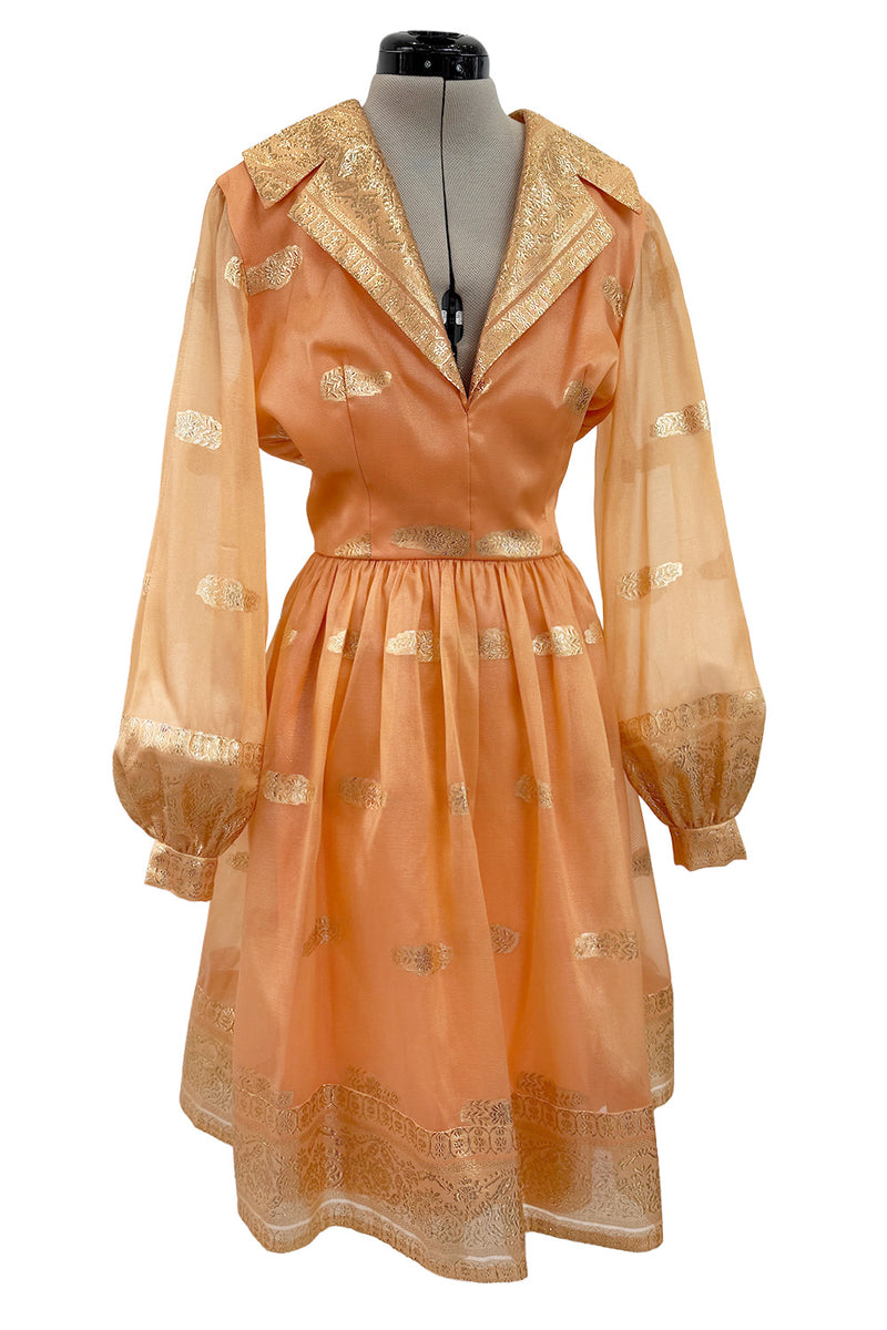 Prettiest 1960s Oscar De La Renta Peach Iridescent Silk Organza Dress w Gold Thread Detailing