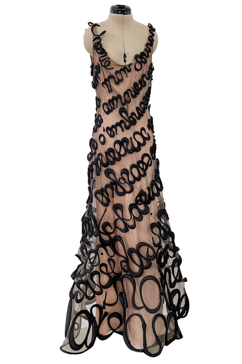 Exquisite Fall 2000 Jean Paul Gaultier Haute Couture Nude & Black Net 3D 'Script' Dress