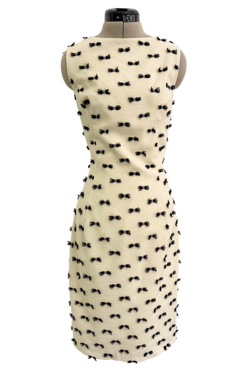 Rare & Chic Fall 1999 John Galliano Soft Ivory Wool Sleeveless Shift Dress Covered in Tiny Black Yarn Bows