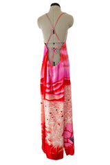 Incredible Spring 1978 Hanae Mori Brilliant Pink & Coral Sunset & Floral Caftan Dress & Cape Overlay