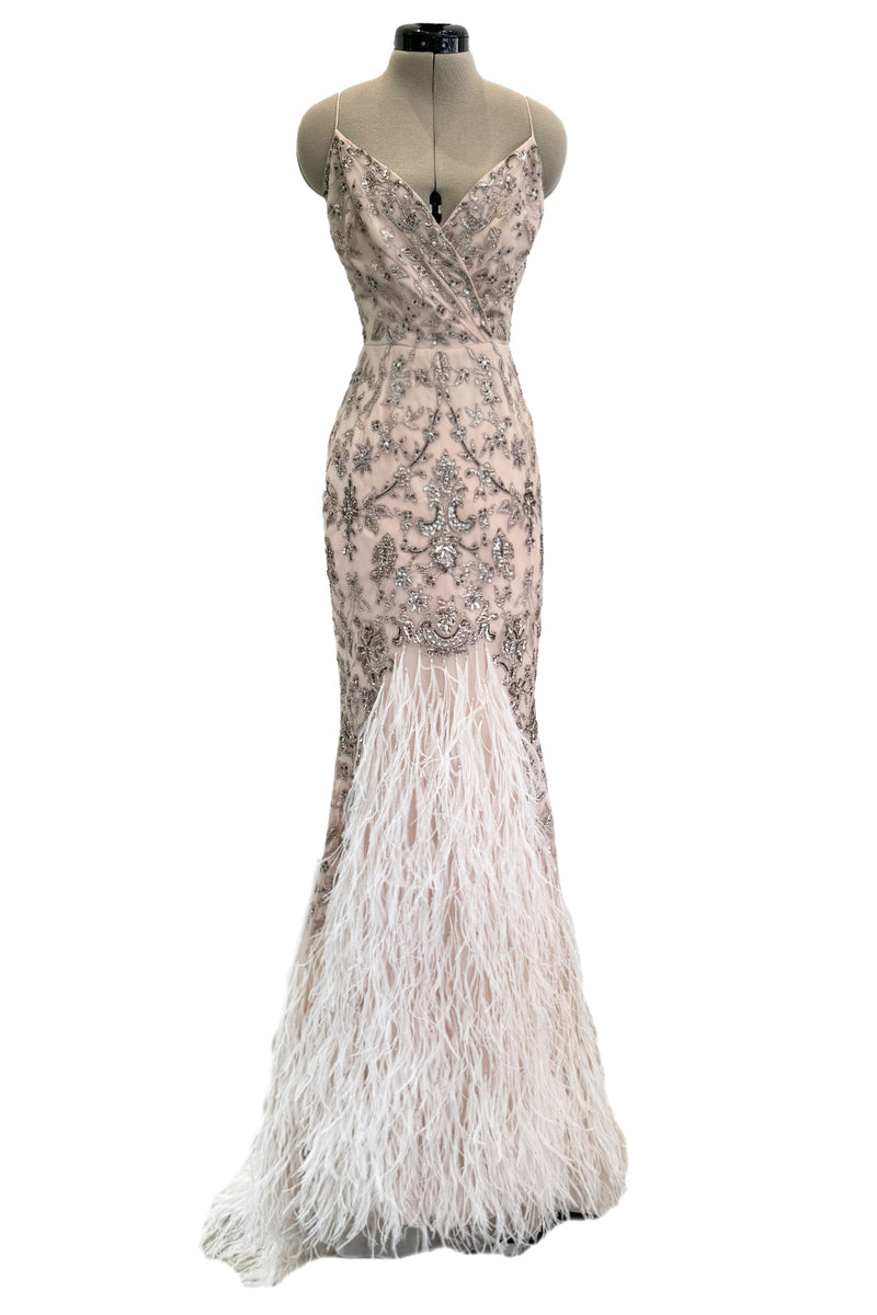 Dreamy Spring 2012 Oscar de la Renta Runway Look 47 Nude Pink Feather Dress w Silver Thread Flowers Detailing
