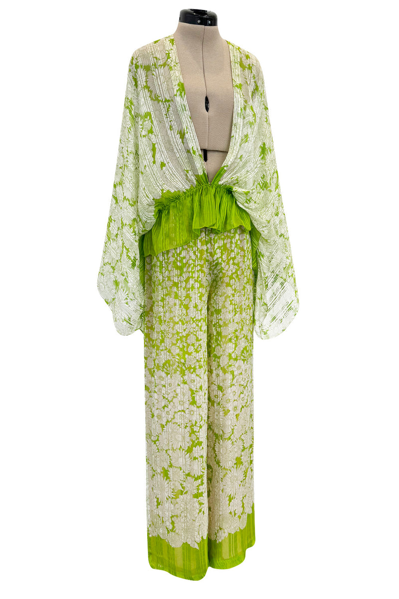 Fantastic 1970s Pauline Trigere Two Piece Green Silk Chiffon  Plunge Top & Wide Leg Pant Set