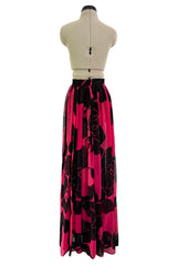 Multifunctional 1970s or 1980s Original Valentino Deep Pink & Black Printed Silk Chiffon Open Front Over Skirt