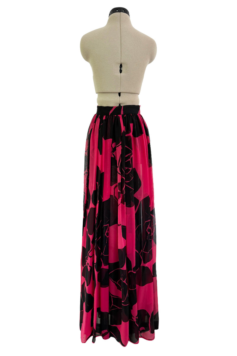 Multifunctional 1970s or 1980s Original Valentino Deep Pink & Black Printed Silk Chiffon Open Front Over Skirt
