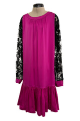 Flapper Inspired 1980s Yves Saint Laurent Easy Fit Brilliant Pink Silk Dress w Black Floral Lace Sleeves