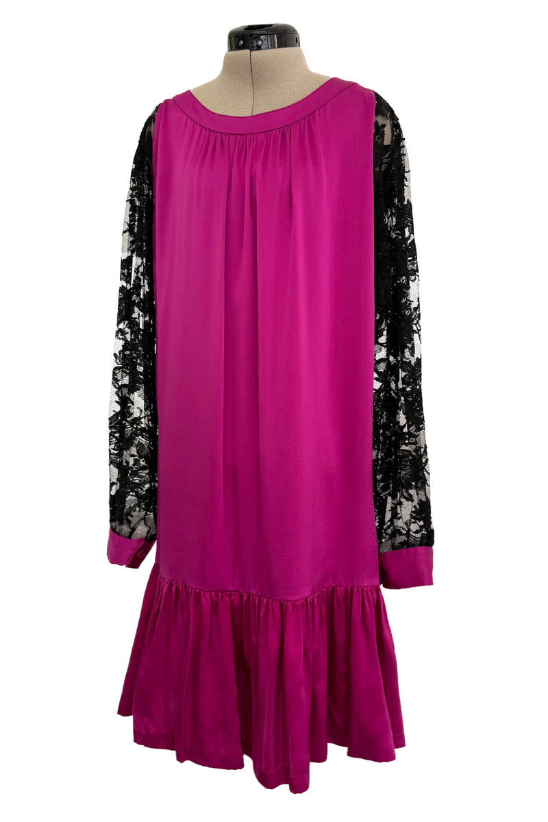 Flapper Inspired 1980s Yves Saint Laurent Easy Fit Brilliant Pink Silk Dress w Black Floral Lace Sleeves
