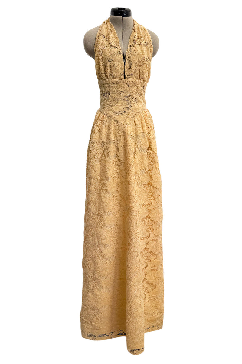 1970s Lanvin by Jules-Francois Crahay Couture Deep Yellow Lace Halter Dress w Wide Band at the Waist