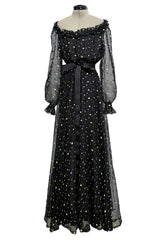 Prettiest 1970s Louis Feraud Black Chiffon Ruffled Dress w Multi Coloured Embroidered Dots