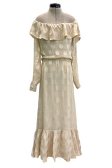 Amazing Fall 1973 Yves Saint Laurent Haute Couture Runway Off Shoulder Ivory Dress w Hand Applied Dots