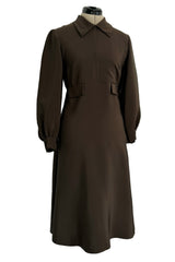 Elegant 1970s Madame Gres Haute Couture Chocolate Brown Day Dress w Full Sleeves & Collar