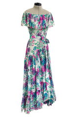 Prettiest Spring 1980 Yves Saint Laurent Floral Cotton Gauze Wide Shoulder Dress w Matching Tie Belt