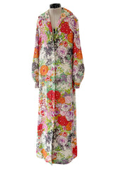 Beautiful Spring 1974 Pauline Trigere Runway Floral Print Dress w Rhinestone Detailing
