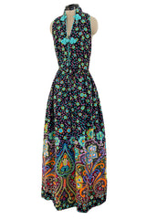 Prettiest Early 1970s Oscar de la Renta Floral Printed Halter Dress w Frog Knots & Open Back