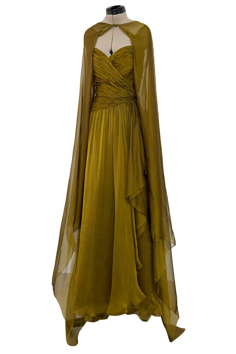 Fall 1989 Oscar de la Renta Iridescent Green Gold Silk Chiffon Strapless Dress w Matching Cape