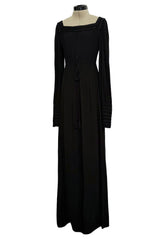 Fall 1974 Yves Saint Laurent Runway & Ad Campaign Black Silk Jersey Dress w Cord Detailing