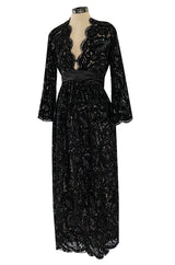 Incredible Fall 1970 Donald Brooks Runway Black Chenille & Sequin Net Lace Dress w Plunge Front