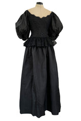 Documented Resort 1978 Oscar de la Renta Backless Black Silk & Lace Dress w Full BalloonmSleeves