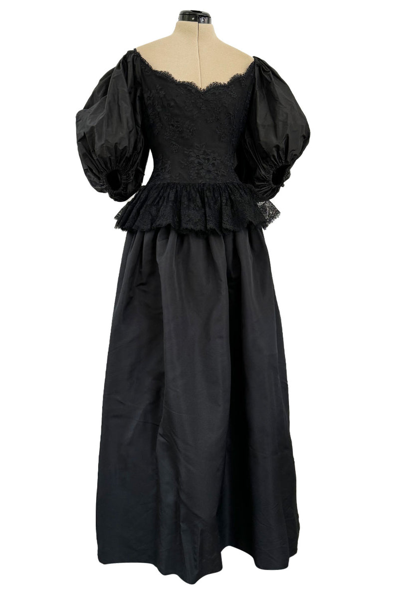 Romantic 1980s Oscar de la Renta Backless Black Silk & Lace Dress w Killer Pouf Sleeves