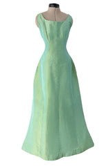 Rare Spring 1964 Cristobal Balenciaga Haute Couture Pale Mint Green Sculpted Silk Taffeta Dress