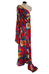 Exquisite Fall 1997 Yves Saint Laurent Brilliant Multi Floral Printed Silk Chiffon Bias Cut & Draped One Shoulder Dress