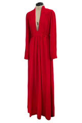 Amazing 1970 Ossie Clark 'Graduation' Deep Front Plunge Maxi Dress in a Red Moss Crepe