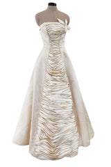 1950s Philip Hulitar Couture Strapless Gathered Front Champagne Ivory Silk Dress w Bow