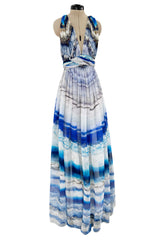 Resort 2010 Alexander McQueen Silk Chiffon Blue Print Dress w Plunging Front & Open Back