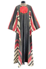 Fabulous 1960s Josefa Hand Muted Charcoal & Coral Cotton Caftan w Hand Embroidered Details
