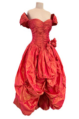 1989 Loris Azzaro Irridescent Coral Silk Taffeta Dress w Rosette Floral Detail