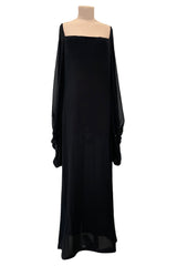 Minimalist c.1978 Pierre Cardin Haute Couture Black Silk Chiffon Dress w Huge Balloon Sleeves