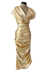 Museum Held 1986 Thierry Mugler Gold Feather Light Lame Dress w Gathered Sides