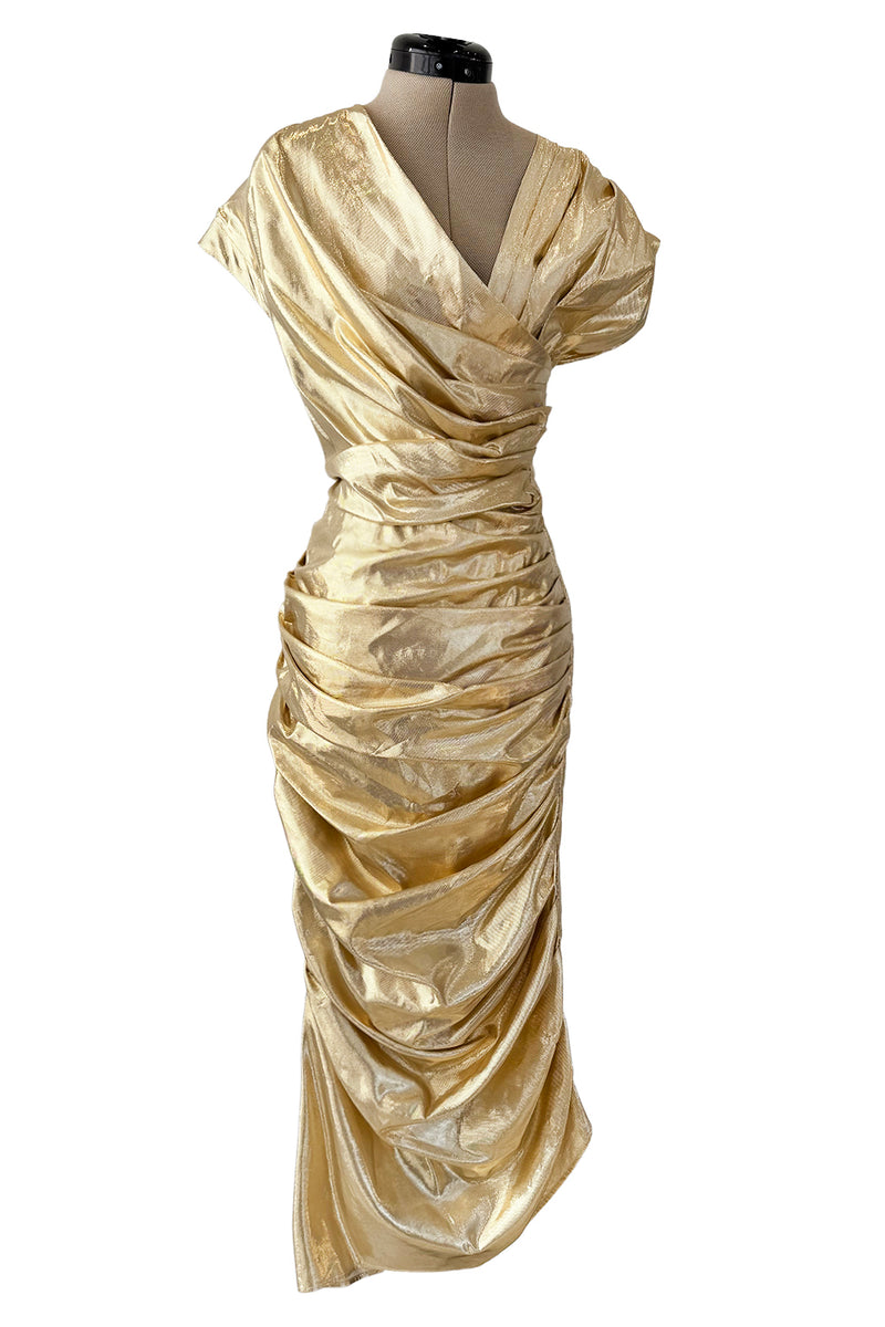 Museum Held 1986 Thierry Mugler Gold Feather Light Lame Dress w Gathered Sides
