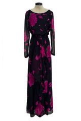 Gorgeous 1970s James Galanos Demi-Couture Silk Chiffon Dress w Vivid Pink Flower Print