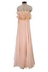 Prettiest 1960s Unlabeled Pale Pink Strapless Dress w Silk Chiffon & Flower Detailed Bodice