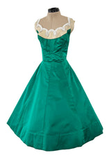 Pretty Little 1950s Jobere New York Brilliant Green Silk Satin Dress w Bead & Rhinestone Detail