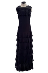 Spring 2001 Chanel by Karl Lagerfeld Midnight Blue Silk Chiffon Dress w Ruffles & Low Back