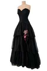 1940s Jean Patou Haute Couture Strapless Black Silk Chiffon Dress w Tiered Full Skirt