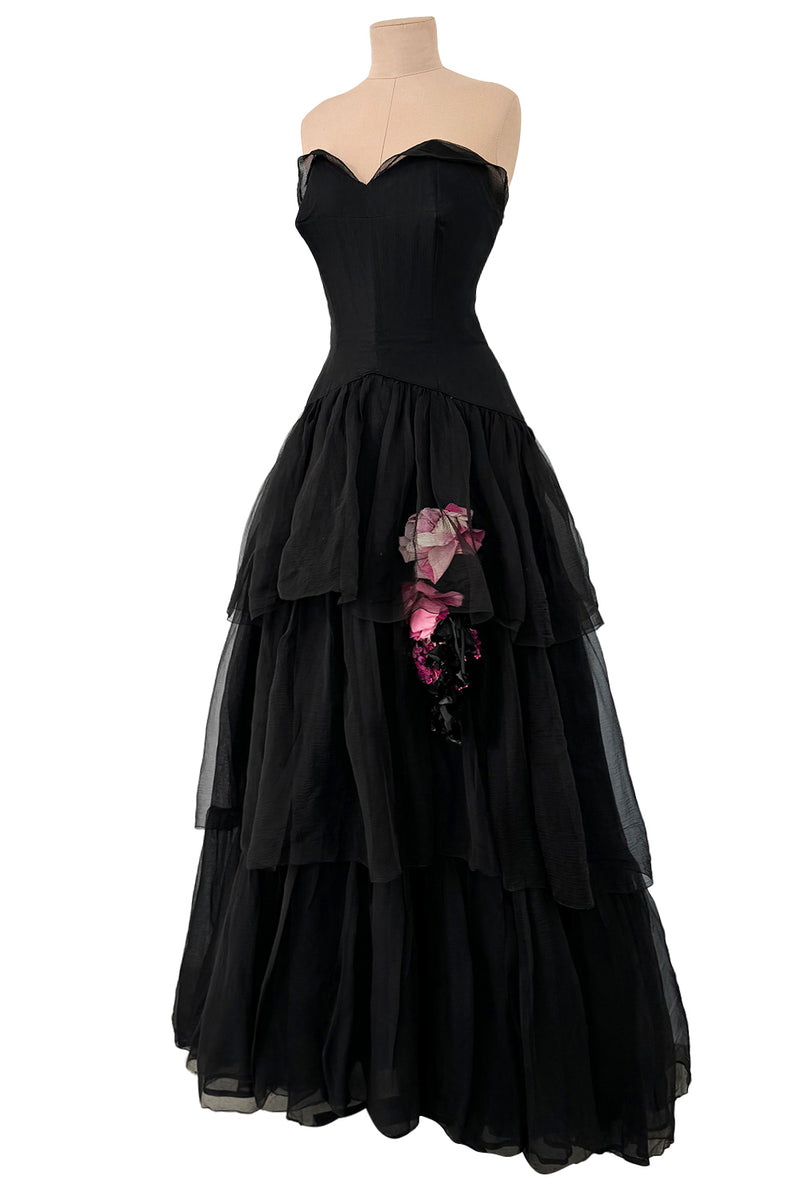 1940s Jean Patou Haute Couture Strapless Black Silk Chiffon Dress w Tiered Full Skirt