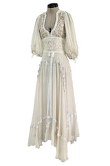 Rare 1969-75 Thea Porter Couture Embroidered Silk Organza & Gold Metallic Dress w Balloon Sleeves