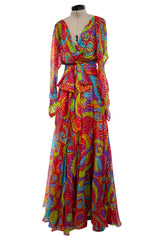 Spectacular Fall 1989 Yves Saint Laurent Runway Metallic Gold Detailed Silk Chiffon Dress