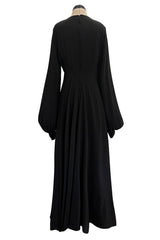 Exceptional 1970s George Stavropoulos Couture Black Silk & Bias Cut Dress w Balloon Sleeves & Flowing Skirt