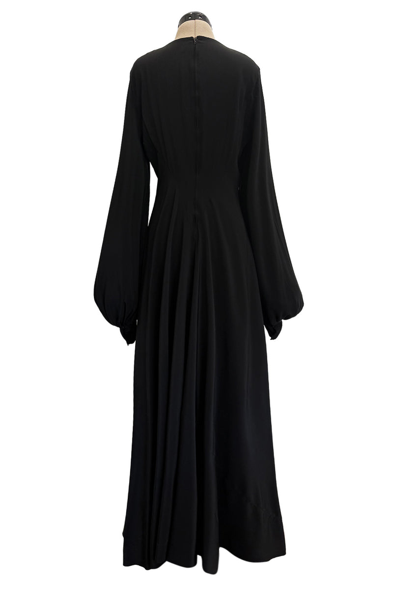 Exceptional 1970s George Stavropoulos Couture Black Silk & Bias Cut Dress w Balloon Sleeves & Flowing Skirt