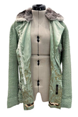 Fall 2005 Roberto Cavalli Green Boucle Jacket w Chinchilla Collar, Rhinestone, SIlk & Velvet Detailing