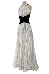 Dreamy Spring 1987 Jacqueline de Ribes Runway & Ad Campaign Silk Chiffon Dot Dress w Black Velvet Bow Detailing