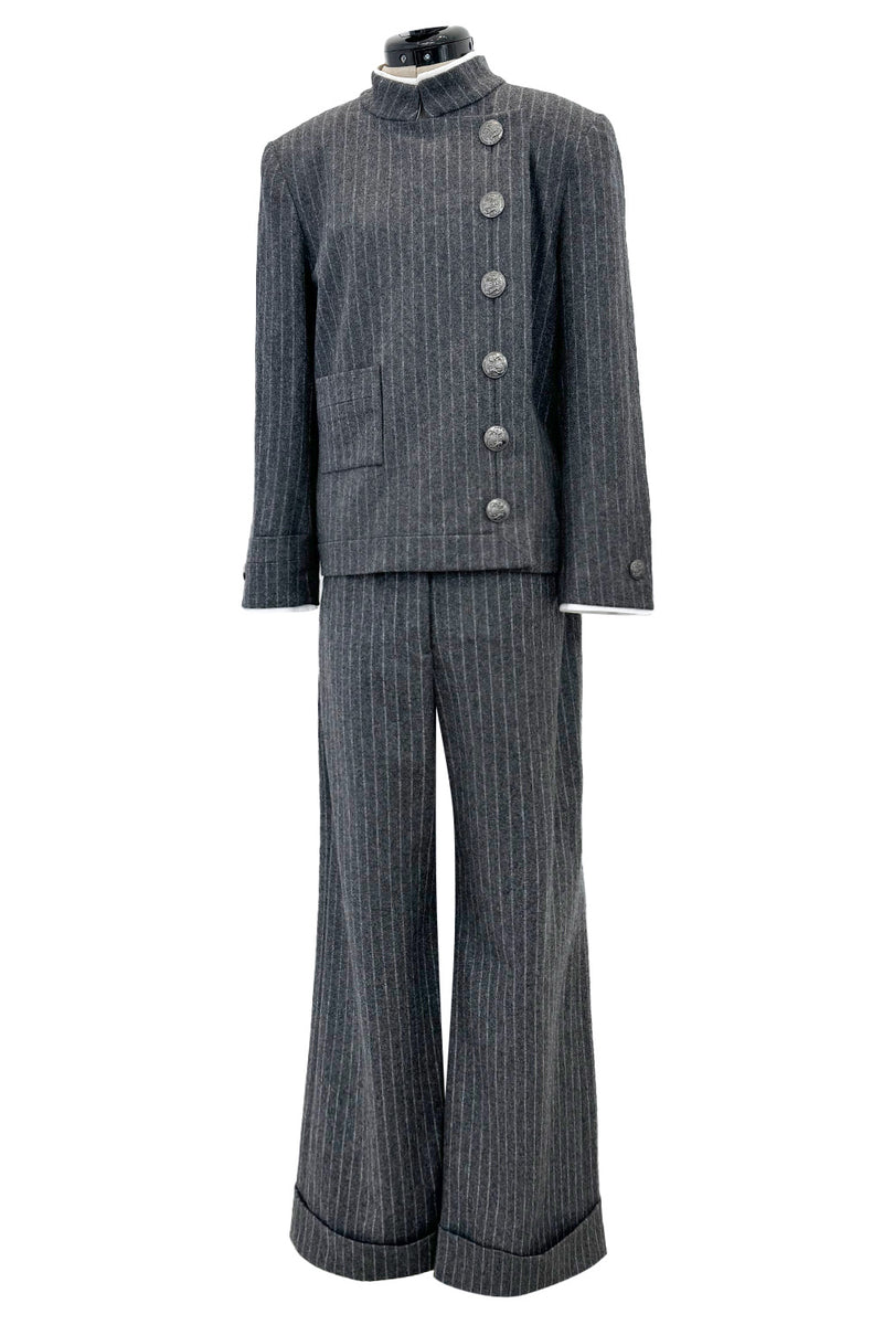 Pre-Fall 2018 Chanel by Karl Lagerfeld Grey Runway Look 13 Grey Pin Striped Pant & Jacket Pant Suit